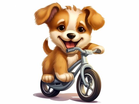 3d rendered illustration of a puppy riding a tricycle on white background, Generative AI illustrations.