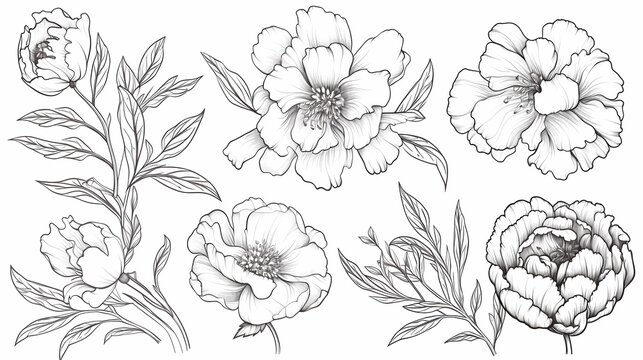 Set of peony flowers and leaves, Hand drawn botanical vector illustration, Generative AI illustrations.
