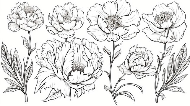 Peony flowers set, Vector illustration in black and white colors,  Generative AI illustrations.