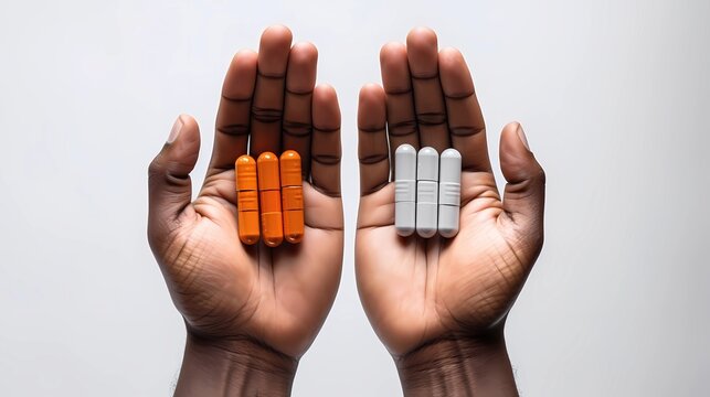 Close up of african american hands holding medical pills on grey background, Generative AI illustrations.