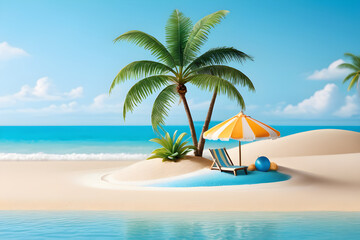Miniature beach model, white sand, miniature azure waves, diminutive palm trees, a petite striped beach umbrella planted in the sand, a tiny vibrant beach ball. Generative AI - obrazy, fototapety, plakaty