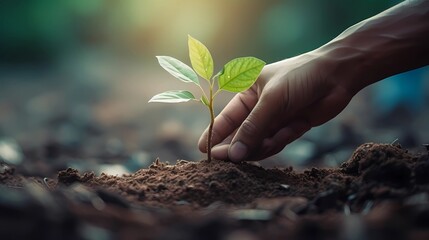 Human hand planting a tree on fertile soil with green bokeh background, Generative AI illustrations.