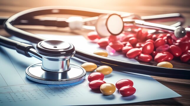 Stethoscope and red and yellow pills on wooden table, Medical concept, Generative AI illustrations.