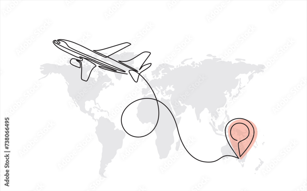 Poster continuous line drawing of airplane line path vector icon of air plane flight route with start point