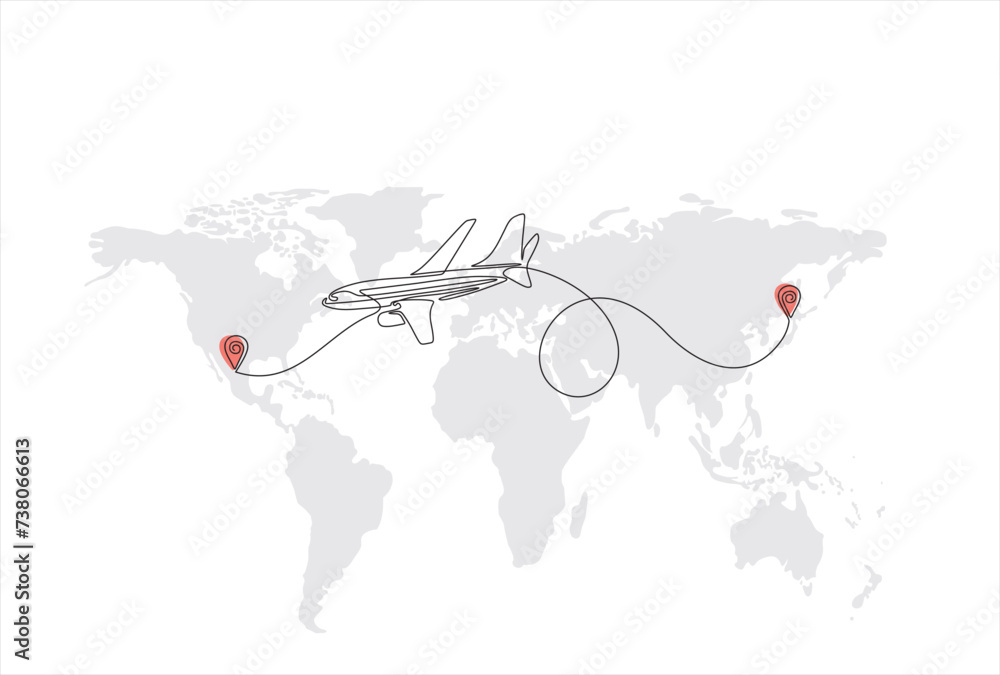Poster continuous line drawing of airplane line path vector icon of air plane flight route with start point