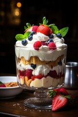 classic English trifle, with layers of sponge cake, custard, and fresh berries; dessert photography; best for banners, flyer, and poster
