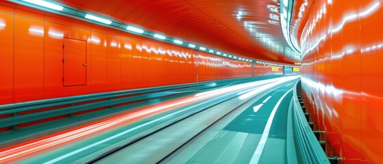 a long exposure photo of a tunnel with bright orange walls and green and white lines on the side of the tunnel.