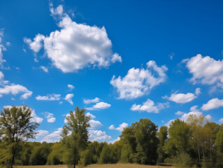 Obraz premium Blue sky with white clouds and trees in the park. Nature background. landscape with blue sky and white clouds in the spring, nature series.