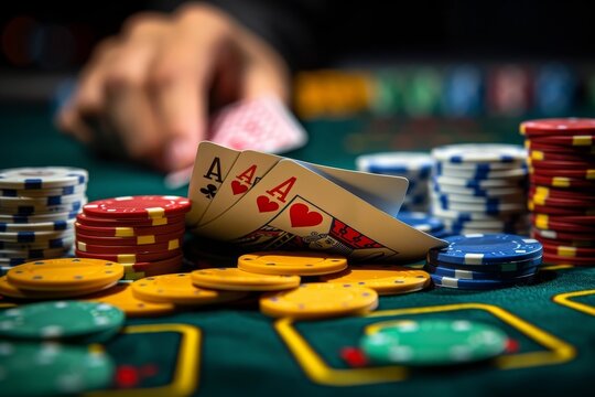 A skilled poker player reveals a royal flush, amidst a high stakes gamble with multiple chips on the table
