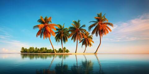 Fototapeta na wymiar Beautiful sunset at a beach resort in the tropics. Palm trees and ocean coast. Generative AI