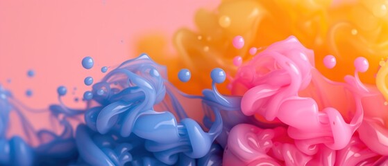 a group of different colored liquids on a pink, blue, yellow, and orange background with a splash of water on the bottom of the image.