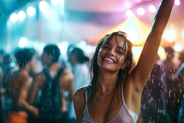 Energetic female celebrating with a carefree dance amongst a crowd during a rainy night social event