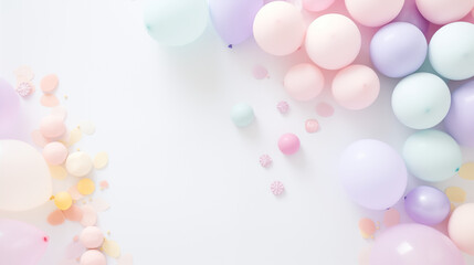 Urodzinowe minimalistyczne jasne tło na życzenia lub metryczkę z balonami i dekoracjami - narodziny dziecka - dziewczynki lub chłopca.  - obrazy, fototapety, plakaty