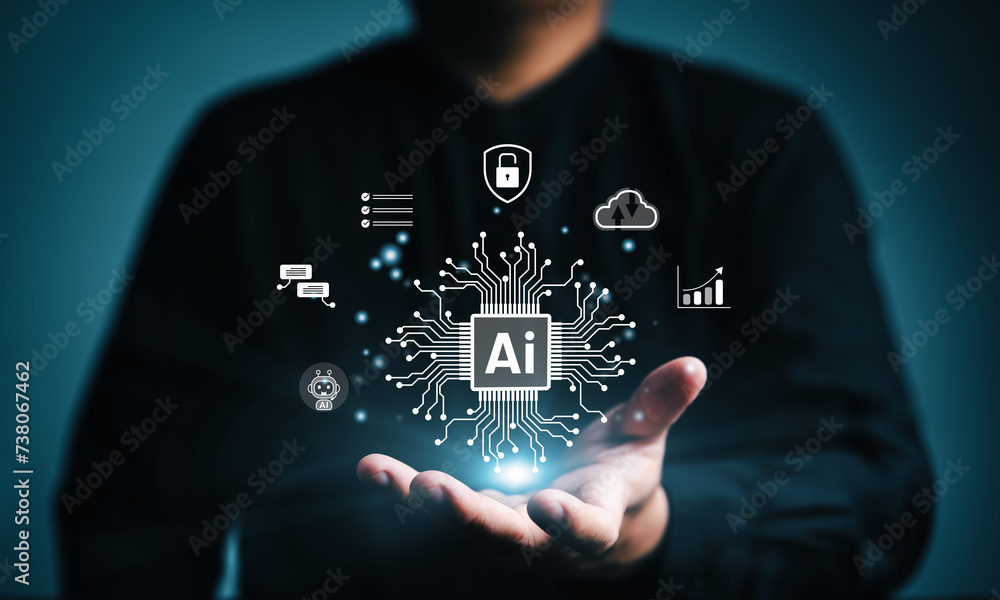 Fototapete AI-powered, businessman show virtual graphic global internet connect AI, Artificial Intelligence. Using command prompt to generate something, Futuristic technology transformation. Chatbot chat A.I.
