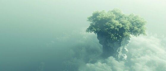 Naklejka na ściany i meble there is a tree growing out of the top of a rock in the middle of a foggy area of the sky.