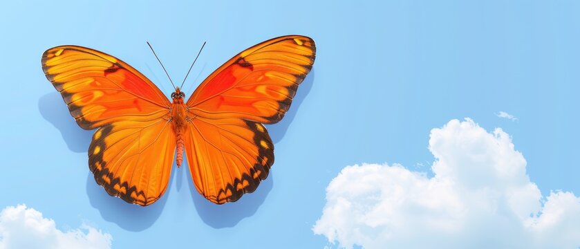 a close up of a butterfly flying in the air with clouds in the backgrouund and a blue sky with clouds in the backgrouund.