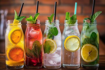 Close-up of a vibrant lineup of fruit cocktails with mint and citrus slices, served in modern mason jars - obrazy, fototapety, plakaty