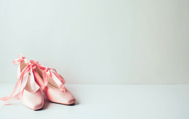 Pointe ballet shoes with ribbons over white background and empty space for text.