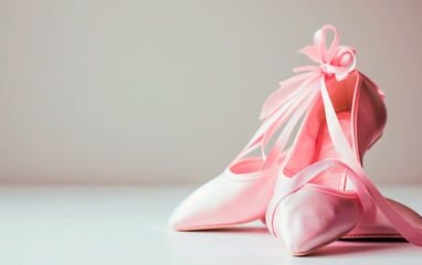 Pointe ballet shoes with ribbons over white background and empty space for text.
