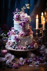 Obraz na płótnie Canvas floral themed cake adorned with edible flowers and intricate icing designs; dessert photography; best for banners, flyer, and poster