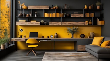 Simplistic Charcoal Gray and Mustard Yellow Study Area