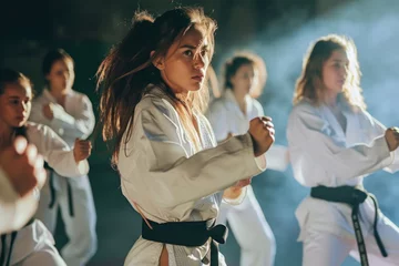Foto op Canvas Focused Young Martial Artists Practicing Karate Forms in Dojo © KirKam