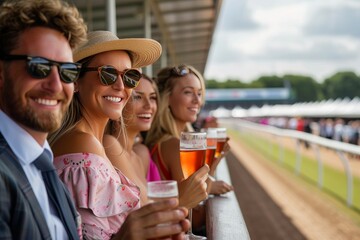 A lively scene of friends laughing and holding glasses of beer at a racecourse, embodying the spirit of a festive event