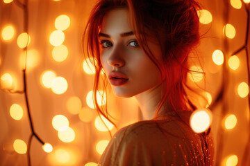 Dreamy Portrait of a Young Woman Surrounded by Warm Glowing Lights