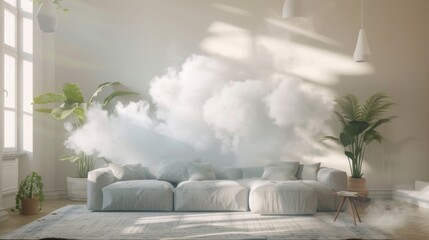 Cloud in the room. The interior is in a modern style with a real fluffy cloud inside. Light and airy lifestyle. 