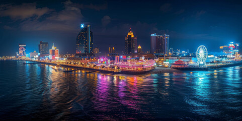 A panoramic view capturing the full glory of a lit-up pier and skyline at the blue hour