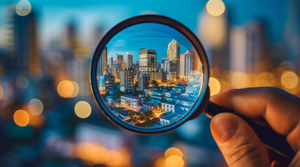 Hand holding a magnifying glass showing a cityscape with houses and building - looking to buy a house illustration concept
 - obrazy, fototapety, plakaty