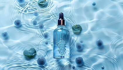 skincare serum in water as a concept for skin hydration and nourishment. Anti-aging skin serum in a glass bottle with peptides, retinol, hyaluronic acid and other antioxidants to boost skin barrier