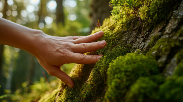 Hand delicately touching moss on a large tree trunk, reflecting a profound connection with nature and environmental responsibility
