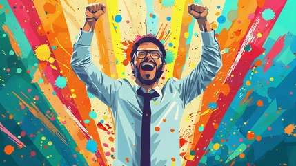 Fotobehang business man jumping with joy on colorful background, success concept illustration © Charisma Art Studio