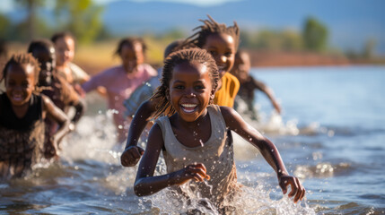 Pure joy in every splash: four girls and boys from Rwanda embrace the freedom of youth, laughing and playing in the refreshing waters of the lake