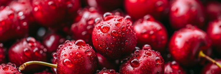 Top view of fresh cherries covered in water with healthy vegetables, food background close up