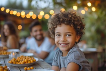 A young boy with curly hair smiles at a family event with bokeh lights in the background