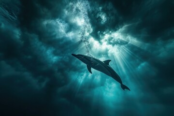 Obraz premium Whale swims underwater and sunlight filtering through water. 