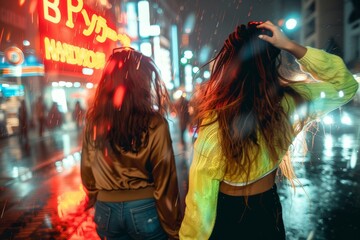 Two women experience the electrifying buzz of city nightlife under the rain, as neon lights cast colorful reflections