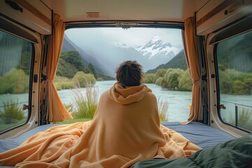 A tranquil composition featuring a person admiring a river landscape from the comfort of a camper van's back