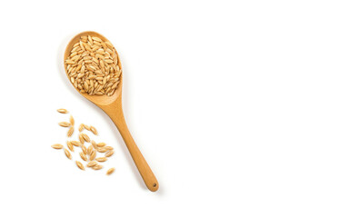 rice grain on white background with minimalist spoon and copy space