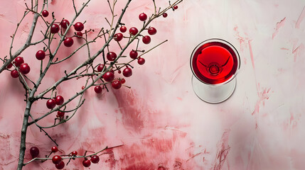 Red winter drinks on a pink background with red berries decorations. High-resolution