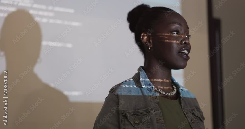 Poster Woman, presentation and coding for technology solution with software for web 3.0 development. African programmer, projector and speaker with smile for feedback, show and teaching by board at workshop