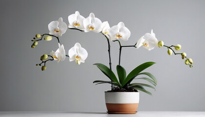 white orchid plant in pot, isolated white background. copy space for text

