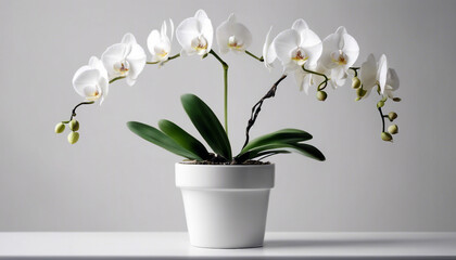 white orchid plant in pot, isolated white background. copy space for text  