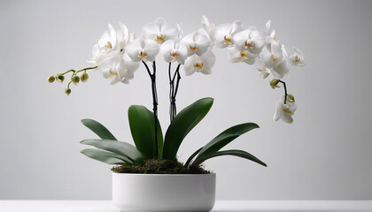 white orchid plant in pot, isolated white background. copy space for text

