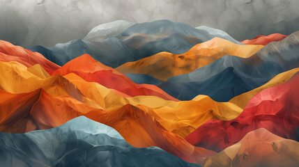 This image features an abstract, textured depiction of a mountain range, with a vibrant interplay of colors suggesting different geological layers.