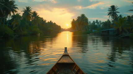 An aerial shot captures a solitary canoe on a tranquil river winding through a dense, lush tropical rainforest.