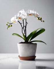 white orchid plant in pot, isolated white background. copy space for text

