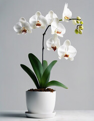 Naklejka na ściany i meble white orchid plant in pot, isolated white background. copy space for text